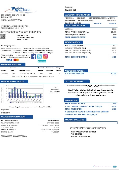 USA California West Valley Water District business utility bill template in Word and PDF formats